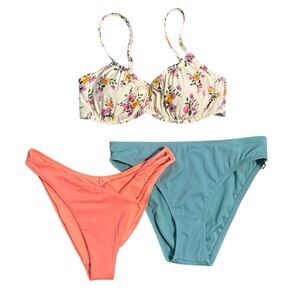 3 Piece Bundle New Swimsuit Separates Bikini Top Bottoms Solid and Floral Small